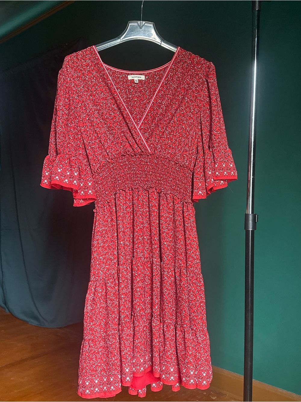 Max Studio Red Floral V-Neck Smocked Waist Midi Dress